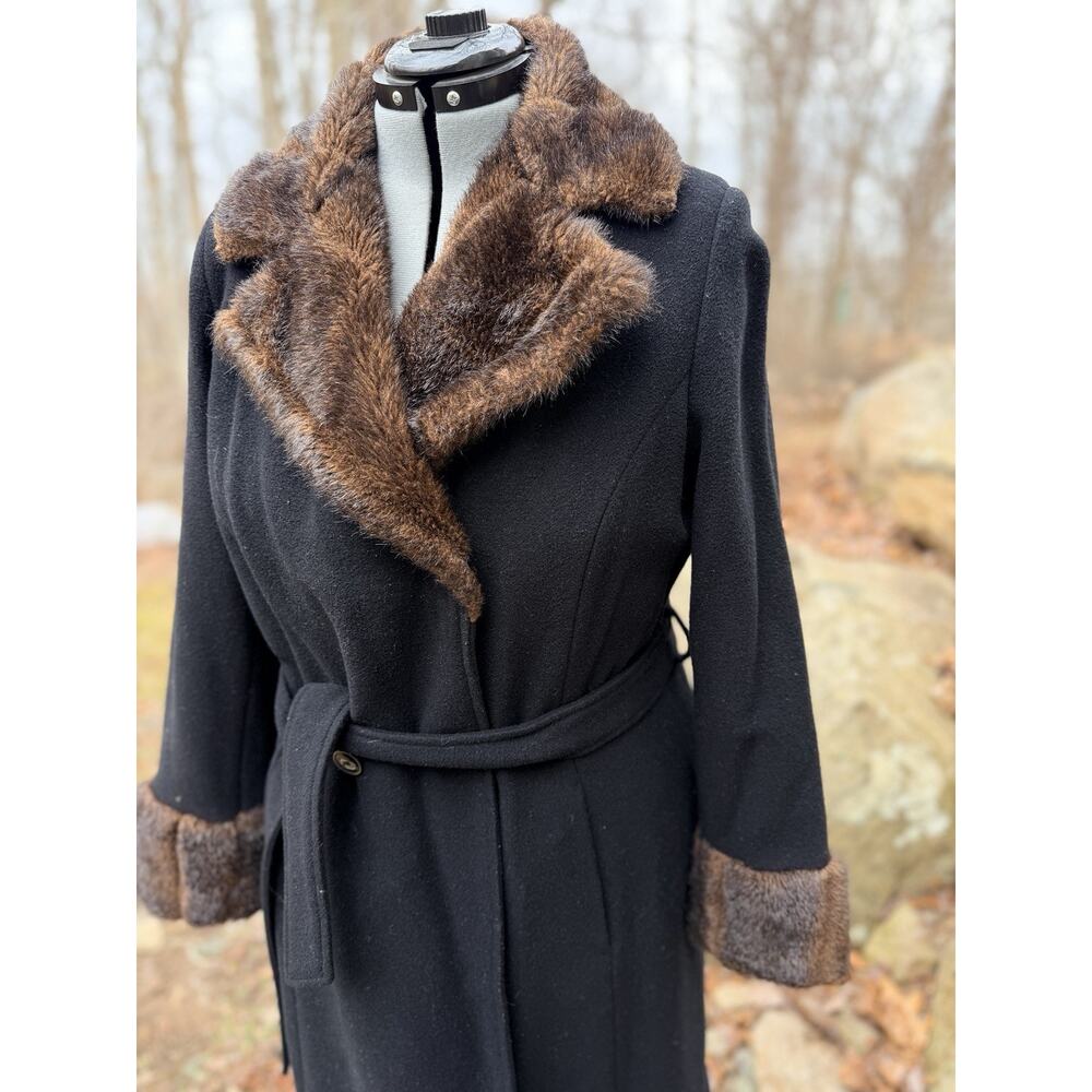 Jessica London Vintage Wool Blend Coat Faux Fur Collar Cuffs Belted Black Medium - Picture 11 of 12